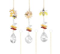 3Pcs Sun Catcher Crystal Ornaments, Hanging Window Bee Honeycomb Suncatcher, Garden Decor Crystal Teardrop Glass Prisms, Bee Gifts for Women(Yellow-3-Bee Series)