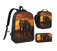 3PCS Sunset Parent-Child Elephant Backpack Set with Insulated Lunch Box Pencil Pouch, 17inch Lightweight Laptop Bags Shoulder Lunch Bag and Pencil Case Bag 3-in-1 Set