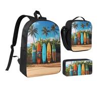 3PCS Surf's up Surfboard Backpack Set with Insulated Lunch Box Pencil Pouch, 17inch Lightweight Laptop Bags Shoulder Lunch Bag and Pencil Case Bag 3-in-1 Set