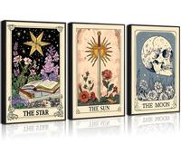 3Pcs Tarot Card Wall Art Sun Moon Star Picture Vintage Boho Celestial Canvas Posters Print Skull Book Floral Mystical Astrology Artwork Wall Decor for Living Room Bedroom Unframed 08x12inch