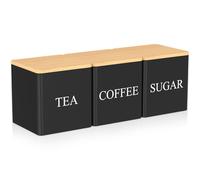 3pcs Tea Coffee Sugar Canister 500ML Metal Canister Coffee Tea Sugar Container with Airtight Bamboo Lid Kitchen Storage Jar Square Caddy Tin(Black)