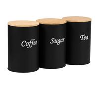 3Pcs Tea, Coffee, Sugar, Canister Set, Stackable Airtight Food Storage, Easy to Open Iron Storage Cansiters Jars Tin with Bamboo Lid for Your Favorite Tea, Sugar, and Coffee,14.2x9.5cm(black)