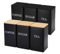 3PCS Tea Coffee Sugar Canisters,1000ML 3 Piece of Metal Canister Storage Jar Container Set with Airtight Bamboo Lid and Name Marker Decorative Kitchen Food Storage Tin for Your Favorite Tea,Sugar