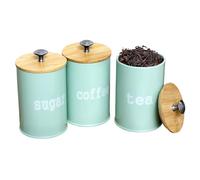 3Pcs Tea Coffee Sugar Canisters 9.5×15.5cm Metal Kitchen Storage Set with Airtight Bamboo Lid Countertop Round Food Storage Containers Pots Jars Decorative Tins for Beans Flour Spice(Green)