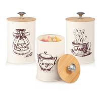 3Pcs Tea Coffee Sugar Canisters Vintage Metal Tea and Coffee Canisters Set with Airtight Bamboo Lid and Name Marker Round Tea Canister Jar Kitchen Storage Canisters for Tea/Coffee/Sugar