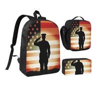 3PCS Thank You Soldier Saluting America Flag Backpack Set with Insulated Lunch Box Pencil Pouch, 17inch Lightweight Laptop Bags Shoulder Lunch Bag and Pencil Case Bag 3-in-1 Set