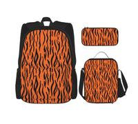 3pcs Tiger Stripes Orange Pattern Print School Backpack Set,Large Capacity Water Resistant Laptop Backpack With Insulated Lunch Bag & Pencil Case For Middle School Teens Back To School Supplies