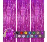 3pcs Tinsel Curtain Hot Pink Glitter Foil Door Backdrop, 3.2ftx6.5ft Fringe Streamers Shimmer Tassel Decorations for Girls Birthday Hen Barbie Party