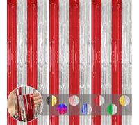 3pcs Tinsel Curtain Red Silver Glitter Foil Door Curtain Backdrop, 3.2x6.5ft Metallic Foil Fringe Streamers Shimmer Tassel Backdrop Decorations for Birthday Christmas