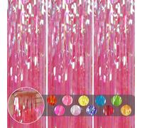 3pcs Tinsel Holographic Pink Glitter Foil Door Curtain, 3.2x6.5ft Iridescent Foil Fringe Streamer Shimmer Backdrop Decorations for Girls Birthday Unicorn Party