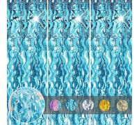 3pcs Tinsel Light Blue Glitter Foil Door Curtain Backdrop, 3.2x6.5ft Wave Fringe Streamers for Girls Birthday Frozen Mermaid Party Decorations