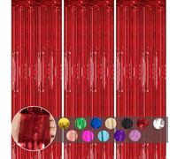 3pcs Tinsel Red Glitter Foil Door Curtain, 3.2x6.5ft Metallic Foil Fringe Curtain Streamers Shimmer Curtain Tassel Backdrop Decorations for Birthday Christmas Party