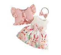 3PCS Toddler Easter Outfit Bunny Costume Set with Bunny Embroidery Girl Dress Fly Sleeve Ruffles Coat Tops and Bow Headwear My First Easter Baby Girl Outfit for Baby Photography