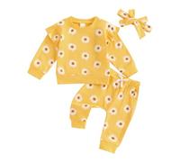 3Pcs Toddler Infant Baby Girl Clothes Tracksuit Outfit Set Long Sleeve Tops Sweatshirt Pullover Jumper Hoodie Daisy Print Ruffled Elastic Waist Pants Trousers Bow Headband (Yellow, 12-18 Months)