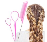 3pcs Topsy Tail Hair Tool, Hair Braiding Tool Pink Hairs Loo p Pull Through Tool, French Braid Loo p Tool with Rat Tail Comb, Hai rStyling Accessories for Making Women and Girls Hairs Style