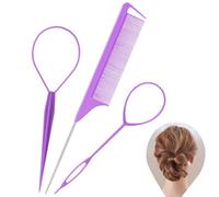 3Pcs Topsy Tail Hair Tool, Purple Hair Looping Tool for Buns, Ha-ir Loop Pull Through Tools, French Braid Loop Tools with Rat Tail Comb, H-air Braiding To-ol for Women Girls