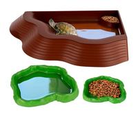 3PCS Tortoise Water Bowl with Ramp Reptile Food Water Bowl Turtle Pool Tortoise Bathing Pool Turtle Soaking Dish Aquarium Habitat Accessories(trumpet-3-brown plus green)