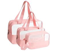 3Pcs Travel Toiletry Bags Set with Zipper, Clear Makeup Bag for Women Girls, Translucent Waterproof Cosmetic Bags for Vacation Bathroom, Portable Travel Organizer Skincare Wash Bag Toiletries, Pink