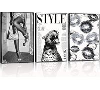 3Pcs Trendy Black and White Leopard Canvas Wall Art Vintage Newspeper Cheetah Wall Decor Fashion Girl Poster Heels Lips Picture Luxury Feminist Painting Print Artwork for Apartment Dorm Unframed