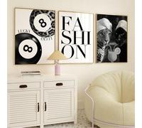 3pcs Trendy Black And White Leopard Canvas Wall Art, Vintage Newspeper Cheetah Wall Decor, Retro 8 Ball Poster, For Girls, Fashion Wall Pictures For Living Room, Bedroom, Frameless (12*16in,A)