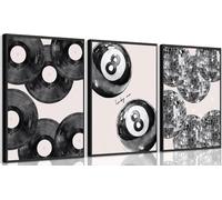 3Pcs Trendy Black White Canvas Wall Art Lucky 8 Ball Wall Decor Pictures Disco Ball Poster Prints Record Painting Artwork for Dormitory Bedroom Living room Preppy Decoration Unframed 12x16inch