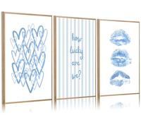 3Pcs Trendy Blue Wall Art Light Blue Preppy Wall Decor How Lucky Are We Pictures Funky Kiss Lips Artwork Coquette Aesthetic Poster Prints for Girl Bedroom Living Room Bar Dorm Unframed 08x12inch