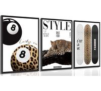 3Pcs Trendy Leopard Canvas Wall Art Preppy Aesthetic Stylish Leopard Painting Picture Wall Decor Funky Lucky 8 Ball Cheetah Print Artwork for Bedroom Living Room Decoration Unframed 16x24inch