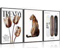 3Pcs Trendy Leopard Print Canvas Wall Art Picture Stylish Female Aesthetic Poster Cheetah Printed Preppy Fashion Skateboard Wall Decor for Bedroom Apartment Dorm Living Room Unframed 16x24inch