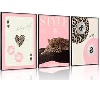 3Pcs Trendy Pink Leopard Wall Art Preppy Leopard Lucky 8 Ball Poster Printing Artwork Coquette Funky Cheetah Aesthetic Room Decoration for Girls Bedroom Dorm Scene Home Decor Unframed 12x18inch