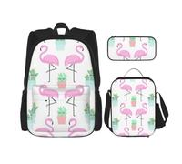 3pcs Tropical Flamingo Cute Cactus Print School Backpack Set,Large Capacity Water Resistant Laptop Backpack With Insulated Lunch Bag & Pencil Case For Middle School Teens Back To School Supplies