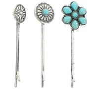 3pcs Turquoise Flower Hair Clips, Ethnic Western Styling Barrettes | Metal and Turquoise Build, Secure Hold for Buns or Loose Hair, Daily Wear and Dating
