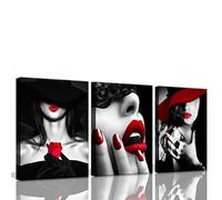 3Pcs Unframed Bedroom Decor for Women Red Lips Black and White Bathroom decor wall art Red Rose Fashion Room Decor Canvas Wall Art for Kitchen Home Decorations 16x24inch