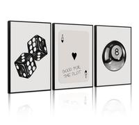 3Pcs Unframed Black White Aesthetic Wall Art Decor 8 Ball Canvas Poster Cool Dice Pictures Black White Room Decor Trendy Poker Poster Prints Retro Painting Artwork for Apartment Dorm 20x30inch