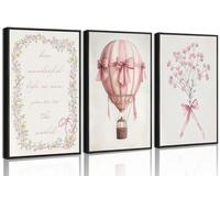 3Pcs Unframed Pink Nursery Wall Art Pictures Cute Baby Girls Room Posters Print Neutral Pink Bow Bouquet Hot Air Balloon Pastel Painting Wall Decor for Kids Room Little Girl Bedroom 12x16inch