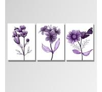 3Pcs Unframed Purple Flower Canvas Wall Art Abstract Transparent Floral with Butterfly Painting Picture Prints Modern Lavender and White Bathroom Decor 08x12inch