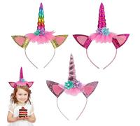 3Pcs Unicorn Headband, Glitter Ears, Floral Accents, Rainbow Horns, One Size Fits All, Ideal for Birthday Parties, Dress-Up