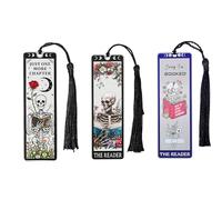 3Pcs Unique Skull Reader Bookmark - Metal Bookmark with Black Tassel, Star and Rose Pattern, Engraved “The Reader” for Dark Gothic Lovers, Women Readers Fantasy Gift Gothic Gift (3PCSE)