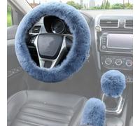 3Pcs Universal Fluffy Furry Steering Wheel Covers Winter Warm Soft Artificial Anti-slip Plush Steering Wheel Covers+Handbrake Cover Gear Shift Cover Set Grey Faux Wool Car Decoration for Women Men