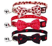 3PCS Valentines Day Cat Collar with Bow Tie and Bell Heart Love Red Lips Kiss XOXO Pattern for Small Medium Large Kitten Black Pink and Red