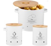 3Pcs Vegetable Storage Canister with Bamboo Lid & Handle, Carbon Steel Potato Onion Garlic Jars Round Kitchen Vegetable Keeper Bin with Aerating Holes for Home Kitchens Pantry(White)