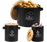 3Pcs Vegetable Storage Canister with Bamboo Lid & Handle, Carbon Steel Potato Onion Garlic Jars Round Kitchen Vegetable Keeper Bin with Aerating Holes for Home Kitchens Pantry(black)