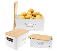 3Pcs Vegetable Storage Canister with Bamboo Lid & Handle, Carbon Steel Potato Onion Garlic Storage Bin Rustproof Kitchen Vegetable Keeper with Aerating Holes for Home Kitchens Pantry(White)