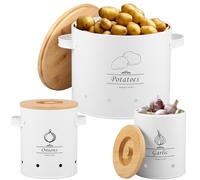 3Pcs Vegetable Storage Tins, Onion Garlic Potato Storage Box Set Carbon Vegetable Fresh Keeper Caddy with Bamboo Lid & Vent Hole Multipurpose Vegetable Keeper Containers Organizer Jars (Style3-White)