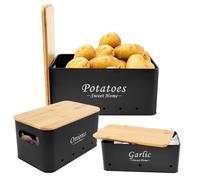 3Pcs Vegetable Storage Tins,stackable Onion Garlic Potato Storage Box Set,Carbon Steel Storage Bin with Vent Hole and Wooden Lid,Multipurpose Vegetable Keeper Containers for Vegeatables (Black)