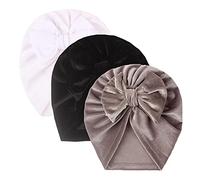 3Pcs Velvet Turban Hats for Baby Girls Boys, Newborn Hat Bow Infant Cap Headwrap Turban Knot Toddler Cap for 0-3 Years Baby (Black + Grey + White)