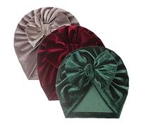 3Pcs Velvet Turban Hats for Baby Girls Boys, Newborn Hat Bow Infant Cap Headwrap Turban Knot Toddler Cap for 0-3 Years Baby (Grey + Wine Red + Green)