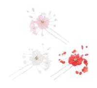 3pcs Vintage Chinese Style Pearl Flower U Shaped Hair Pin for Women | Metal and Resin Build, Secure Hold for Hanfu Styling, White Pink Red Set for Special Occasions