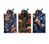 3Pcs Vintage Floral Glasses Pouch, Elegant Peony & Cherries Blossom Sunglasses Bag, Portable Storage Travel Eyeglasses Case, Navy, 7x4.7 Inch