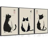 3Pcs Vintage Japanese Cat Wall Art Cute Funny Japanese Black Cat Canvas Paintings Japanese Matsumoto Hoji Prints Neutral Wall Decor Cat Pictures Japan Animal Posters for Living Room Bedroom Unframed