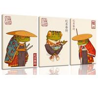 3Pcs Vintage Japanese Frog Wall Art Cute Funny Japan Samurai Frog Posters Prints Japanese Matsumoto Hoji Painting Pictures Eclectic Animal Canvas Wall Decor Framed (green, 12x16 Framed)